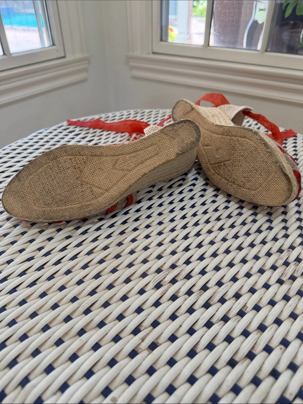 Madeline Beige Espadrille Flats with Red Ribbon Straps